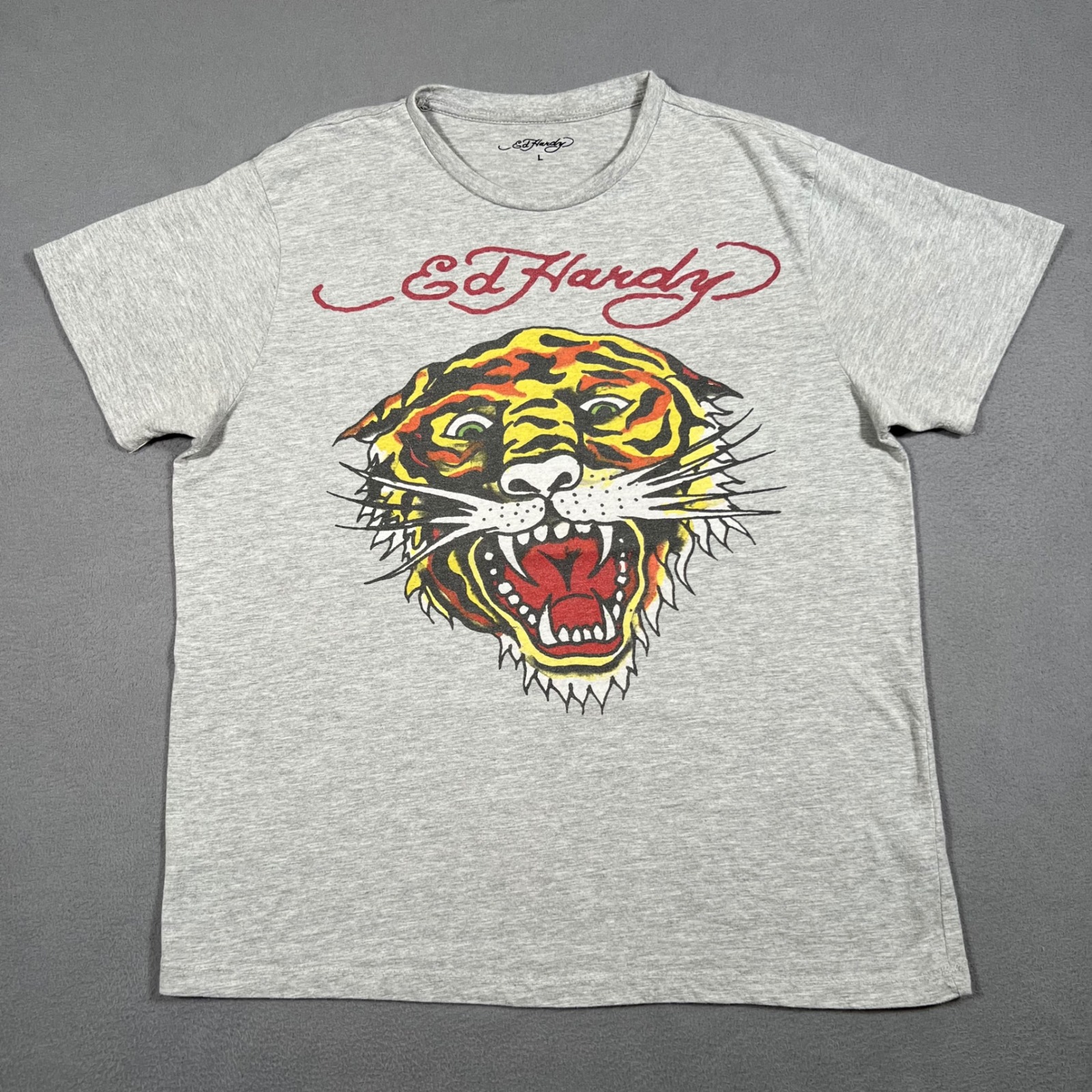 Ed Hardy Mens T-Shirt Tiger Graphic Print Crew Neck Gray Short Sleeve Top